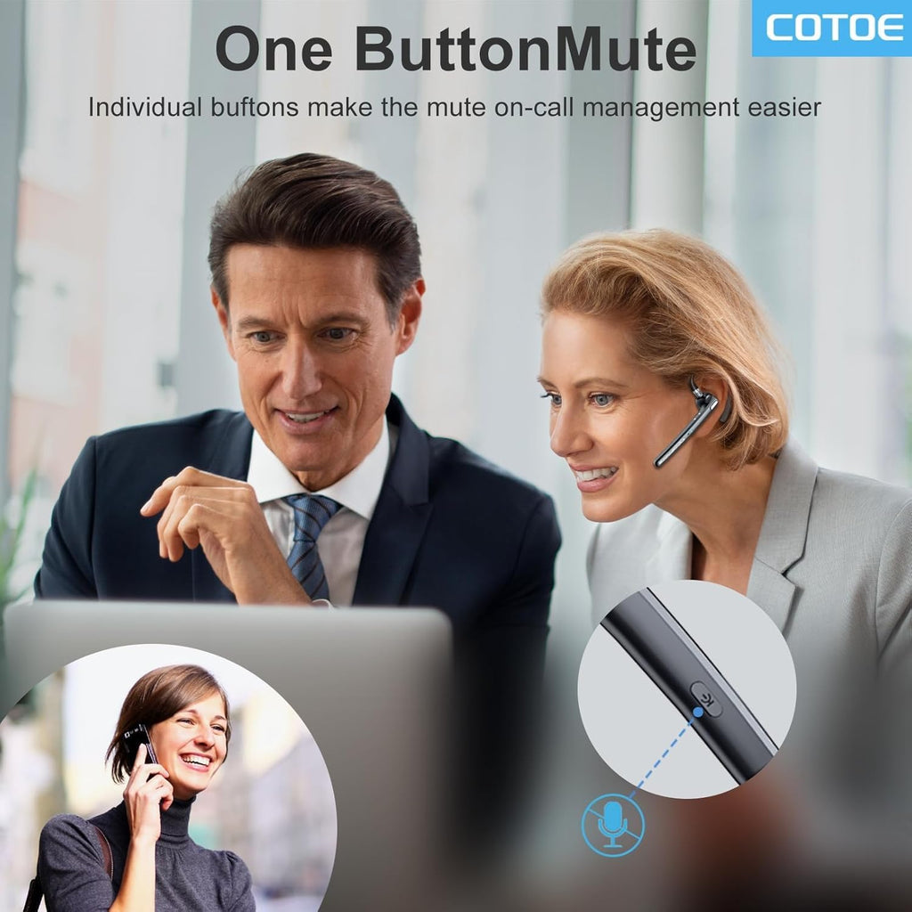 COTOE Bluetooth Headset with 72-Hour Talk Time & 500mAh Charging Case, Bluetooth V5.3 Headset with Noise Cancelling Mic – Wireless Earpiece Hands-Free Headphones for Office Trucker Driving Business