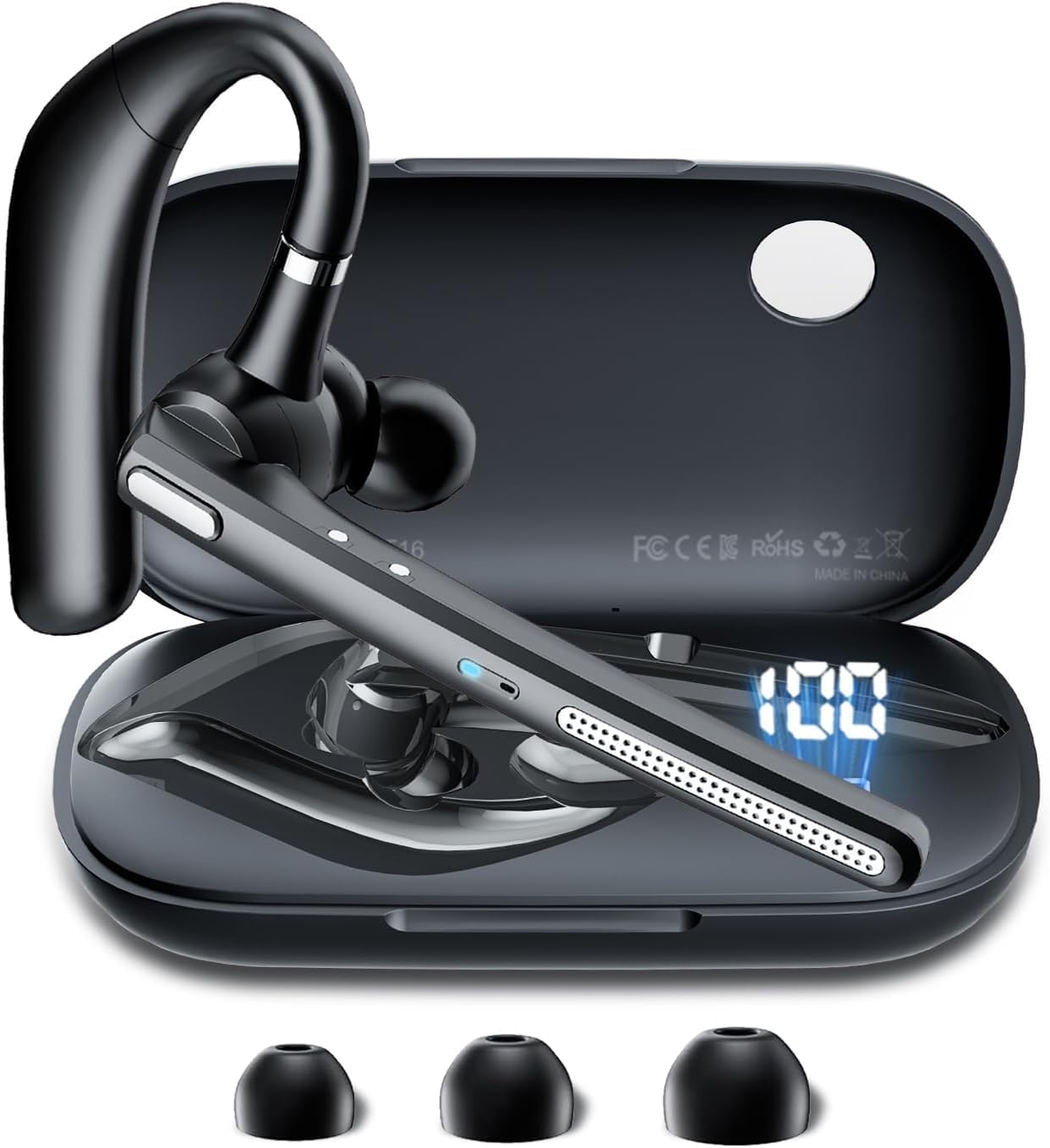 COTOE Bluetooth Headset with 72-Hour Talk Time & 500mAh Charging Case, Bluetooth V5.3 Headset with Noise Cancelling Mic – Wireless Earpiece Hands-Free Headphones for Office Trucker Driving Business