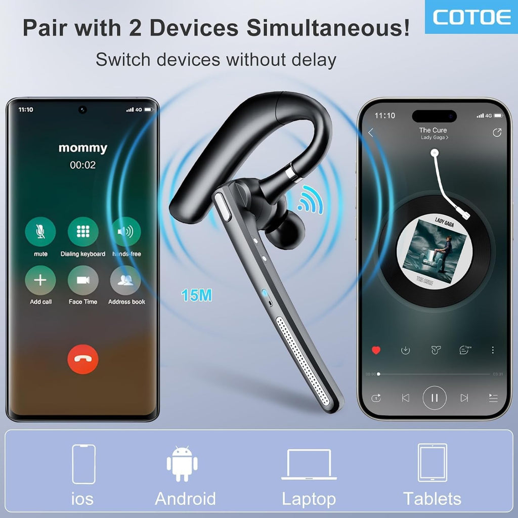 COTOE Bluetooth Headset with 72-Hour Talk Time & 500mAh Charging Case, Bluetooth V5.3 Headset with Noise Cancelling Mic – Wireless Earpiece Hands-Free Headphones for Office Trucker Driving Business