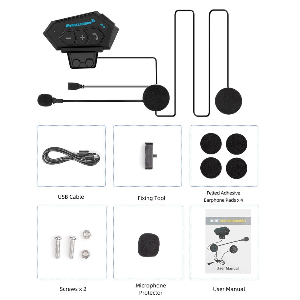 BT12 Motorcycle Helmet Headset Stereo Bluetooth Earphone Wireless Handsfree Mic Headphones Music Player For Motorbike Rider