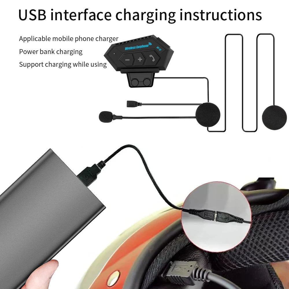 BT12 Motorcycle Helmet Headset Stereo Bluetooth Earphone Wireless Handsfree Mic Headphones Music Player For Motorbike Rider