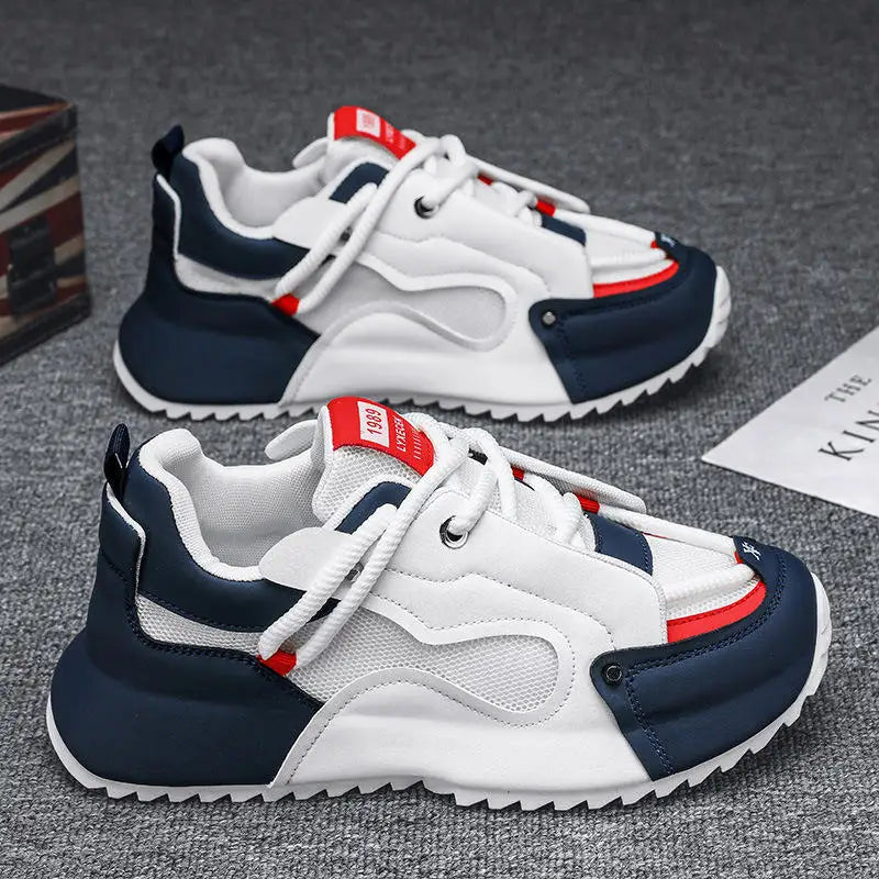 Men Black White Color Block Dad Sneakers Mesh Leather Patchwork Thick Platform Height Increasing Casual Running Sports Shoes