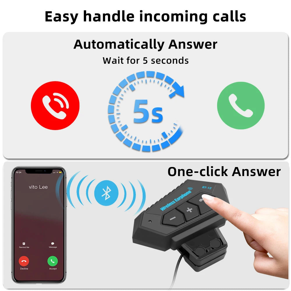 BT12 Motorcycle Helmet Headset Stereo Bluetooth Earphone Wireless Handsfree Mic Headphones Music Player For Motorbike Rider