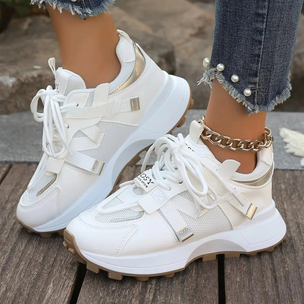 Women's Solid All-Match Soft Winter Sneaker with Lace-Up Mesh Design Breathable Fashion Trend
