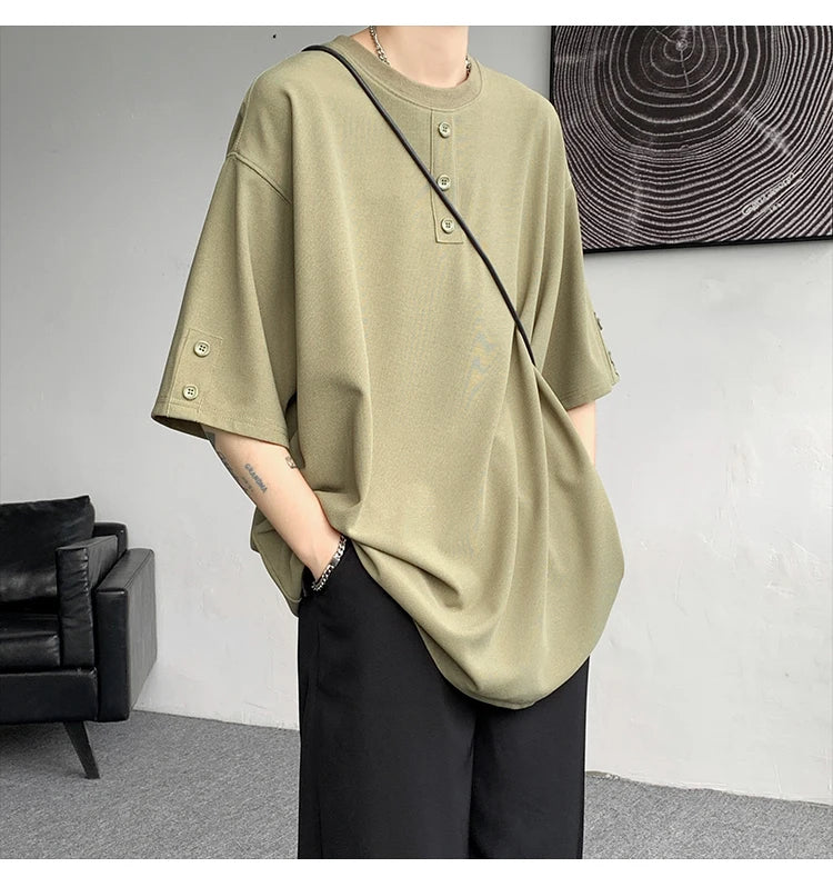 T shirt Men Summer Buttons Decor Hip Hop Streetwear Fashion T-Shirts Oversized Top Tees Mens Casual O-Neck Half Sleeve T Shirt