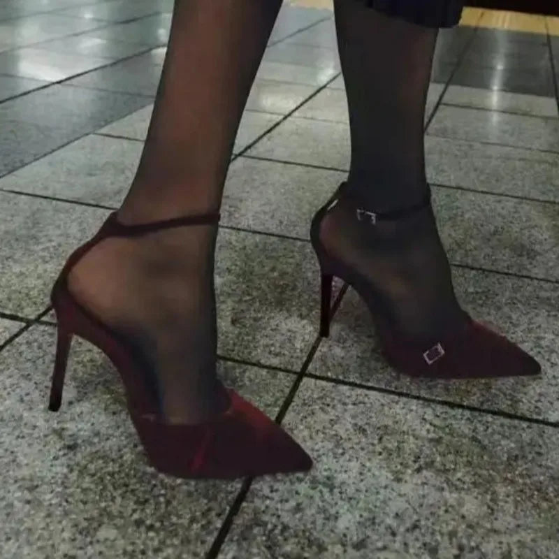 Retro Dark Red Evening Party Women High Heels Shoes Sexy Ankle Strap Luxury Designer sandals Pointed Toe Ladies Wedding Pumps