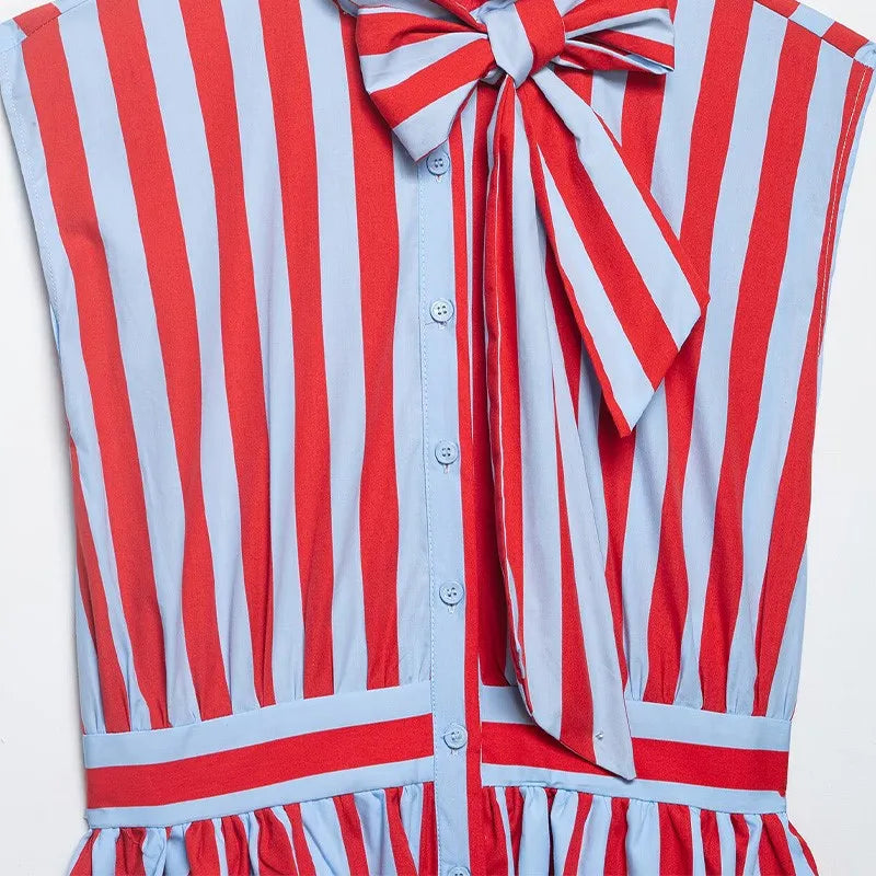 Women's Striped Shirt with Bow New 2026 Spring Fashion Button Sleeveless Pleated Neck Women Tops Simple Lady Shirts & Blouses