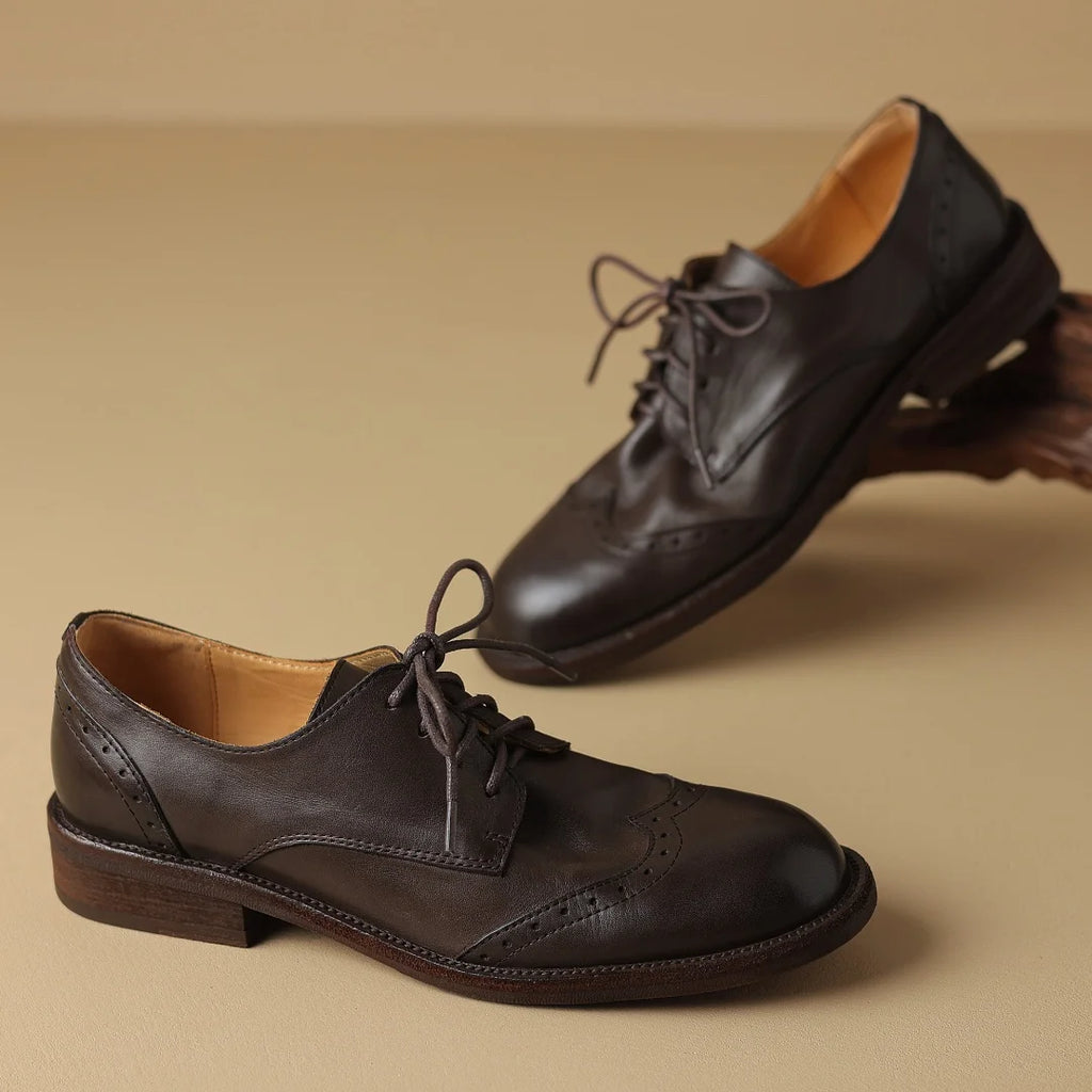 Women's cow leather lace-up flats oxfords carving British style casual female retro high quality soft comfortable daily shoes