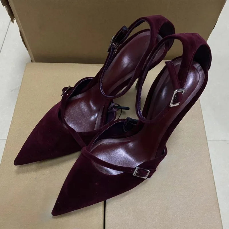 Retro Dark Red Evening Party Women High Heels Shoes Sexy Ankle Strap Luxury Designer sandals Pointed Toe Ladies Wedding Pumps