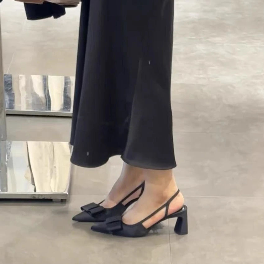 Pointed Toe Women's Office Shoes 2025 Summer Black Retro Bow Decoration High Heels Shallow Slingbacks Elegant Ladies Pumps
