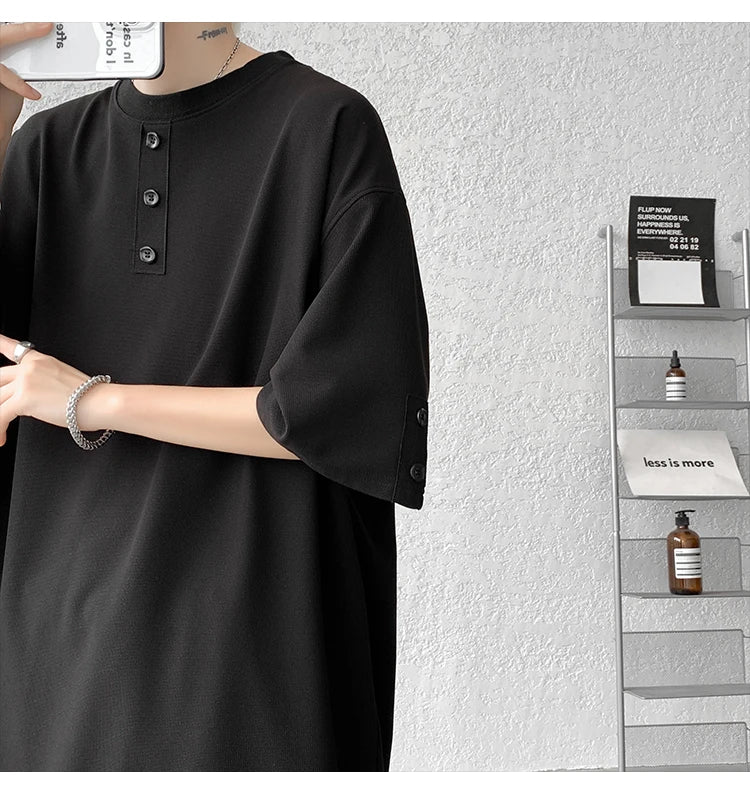 T shirt Men Summer Buttons Decor Hip Hop Streetwear Fashion T-Shirts Oversized Top Tees Mens Casual O-Neck Half Sleeve T Shirt