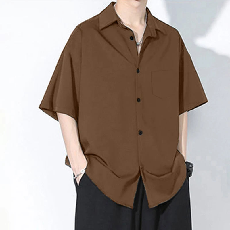 Shirt Men's Summer Ice Silk Short-Sleeved Drapey High-End Loose Casual Solid Color Shirt for Men