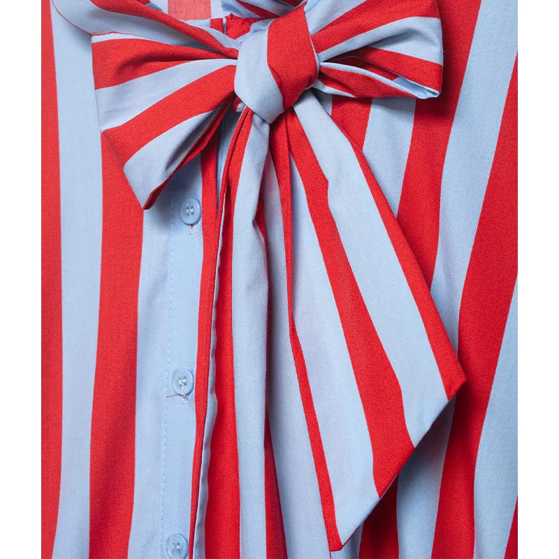 Women's Striped Shirt with Bow New 2026 Spring Fashion Button Sleeveless Pleated Neck Women Tops Simple Lady Shirts & Blouses
