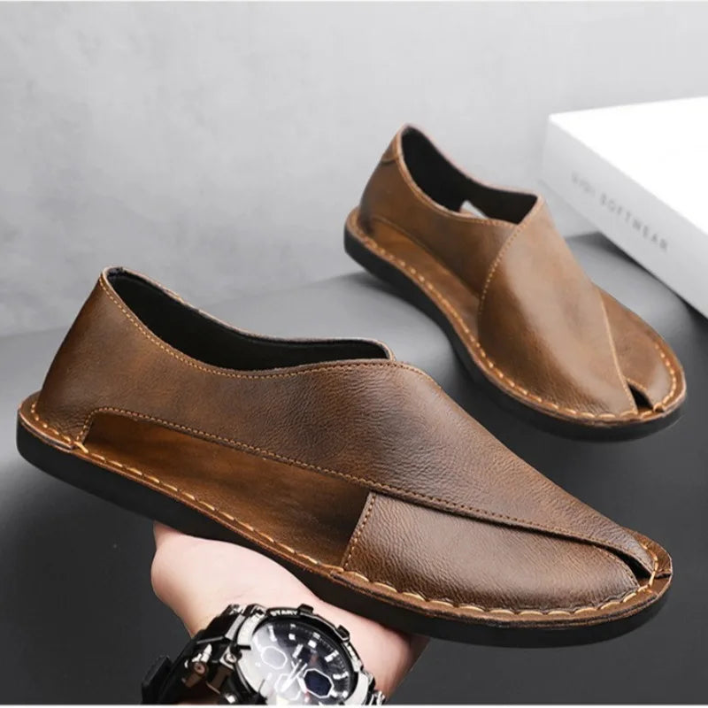 Sandals Men Summer Genuine Leather Mens Shoes Youth Beach Shoes Lightweight Breathable Slippers Men's Sandal Low Top Mens Shoes