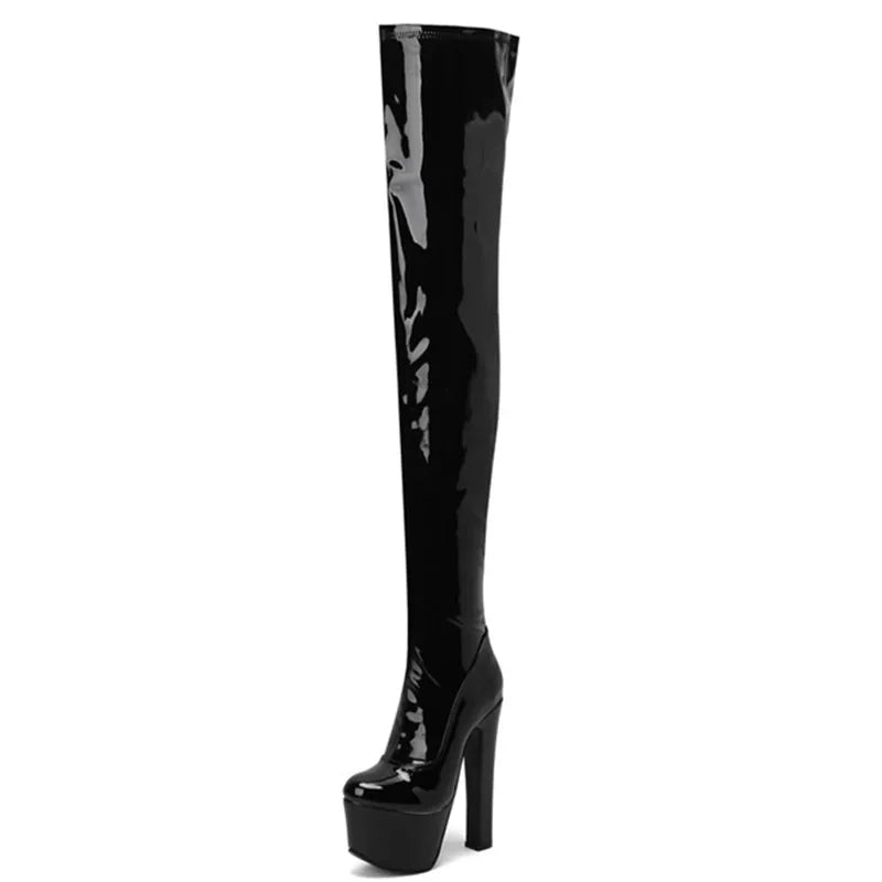 Solid Color Over-the-knee Boots For Women Side Zipper Roud Toe Stiletto Platform Stripper Shoes Patent Leather Matt Designer New