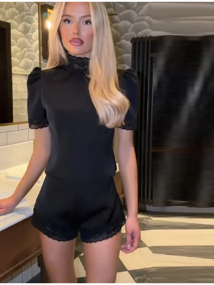 Modern Sophisticated Top Shorts Set Satin Edgy Luxe Feminine Lace Women's Outfit Chic Female Evening Date Wear