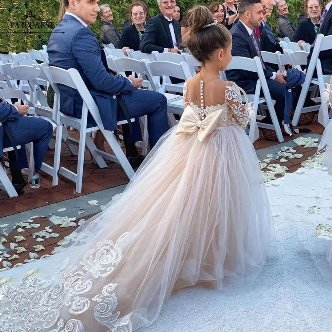 1-13 Years Lace Tulle Flower Girl Dress Up Buttons Bows Children's First Communion Ball Gown Wedding Party Bridesmaid Dress Kids