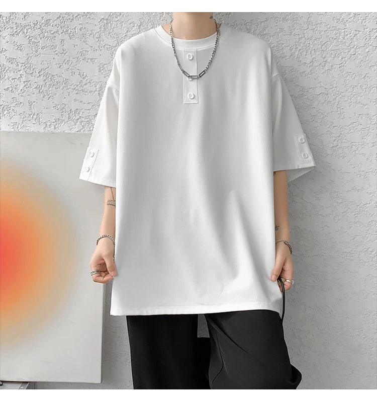 T shirt Men Summer Buttons Decor Hip Hop Streetwear Fashion T-Shirts Oversized Top Tees Mens Casual O-Neck Half Sleeve T Shirt