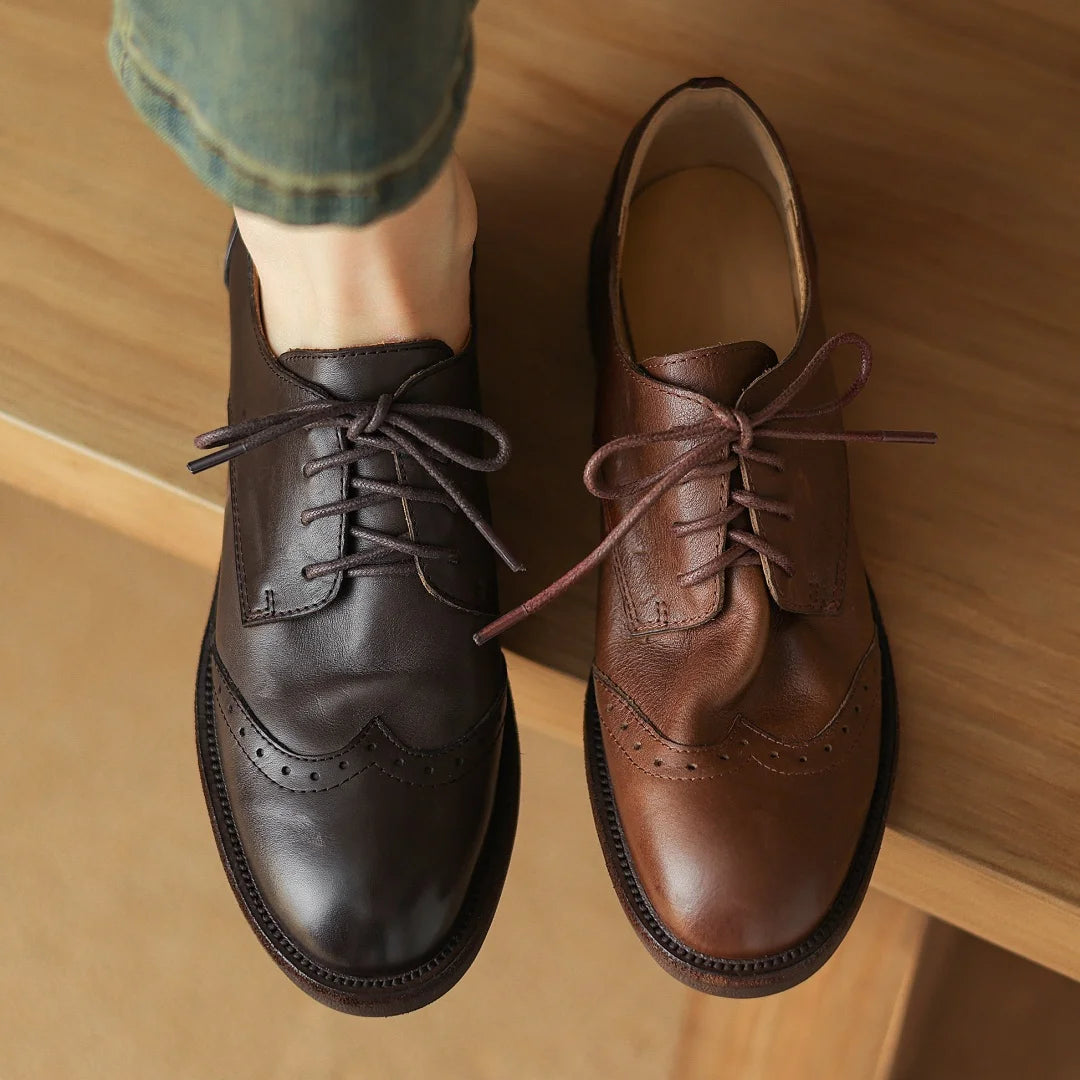 Women's cow leather lace-up flats oxfords carving British style casual female retro high quality soft comfortable daily shoes