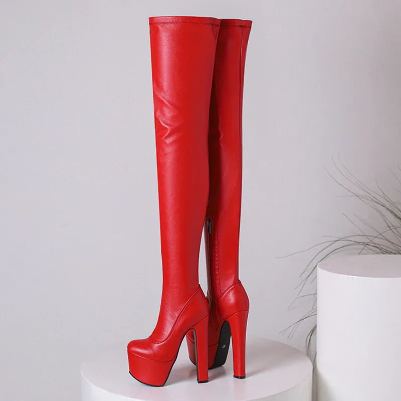 Solid Color Over-the-knee Boots For Women Side Zipper Roud Toe Stiletto Platform Stripper Shoes Patent Leather Matt Designer New