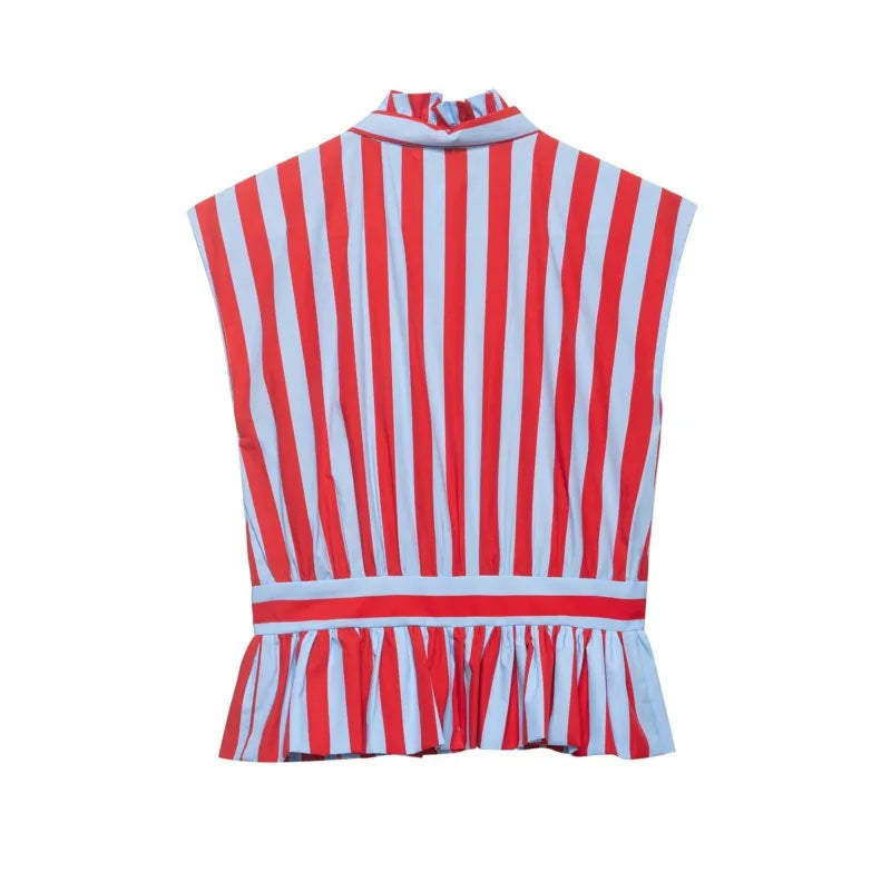 Women's Striped Shirt with Bow New 2026 Spring Fashion Button Sleeveless Pleated Neck Women Tops Simple Lady Shirts & Blouses