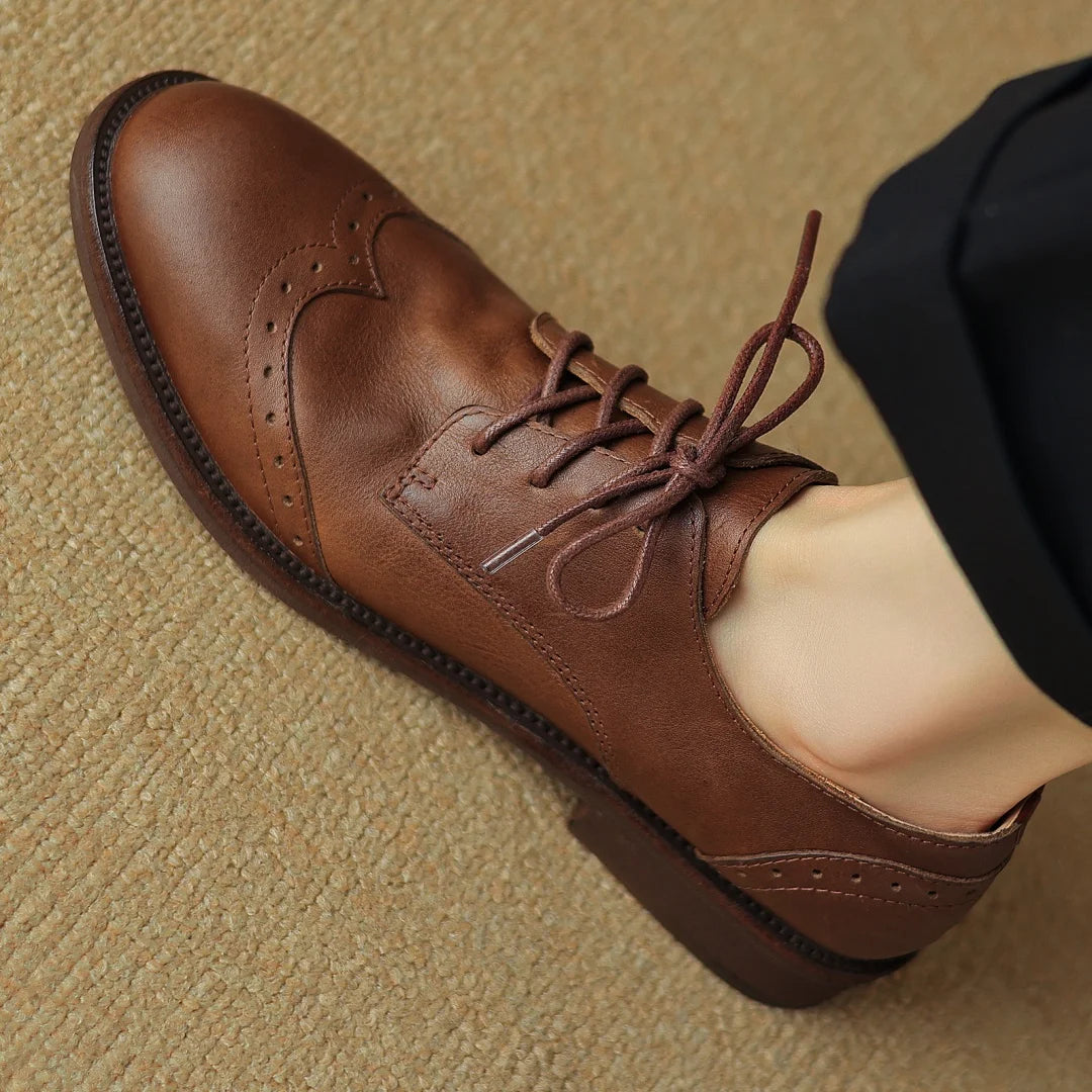 Women's cow leather lace-up flats oxfords carving British style casual female retro high quality soft comfortable daily shoes
