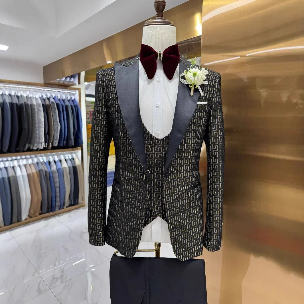 Plaid Prom Suits For Men Slim Fit 3 Pcs Peak Lapel Wedding Groom Tuxedo Formal African Prom Jacket With Pants Vest 2025