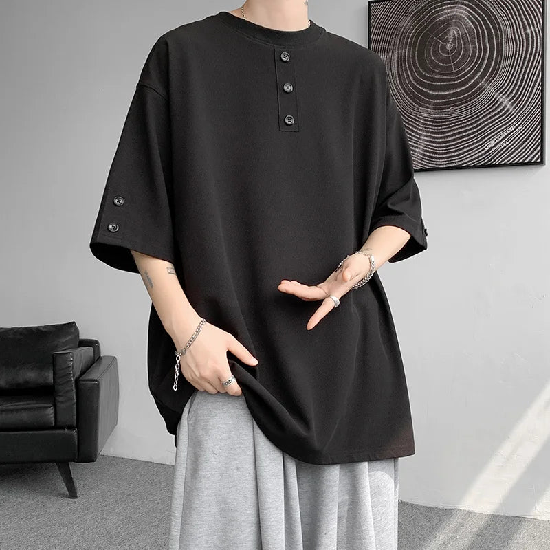 T shirt Men Summer Buttons Decor Hip Hop Streetwear Fashion T-Shirts Oversized Top Tees Mens Casual O-Neck Half Sleeve T Shirt