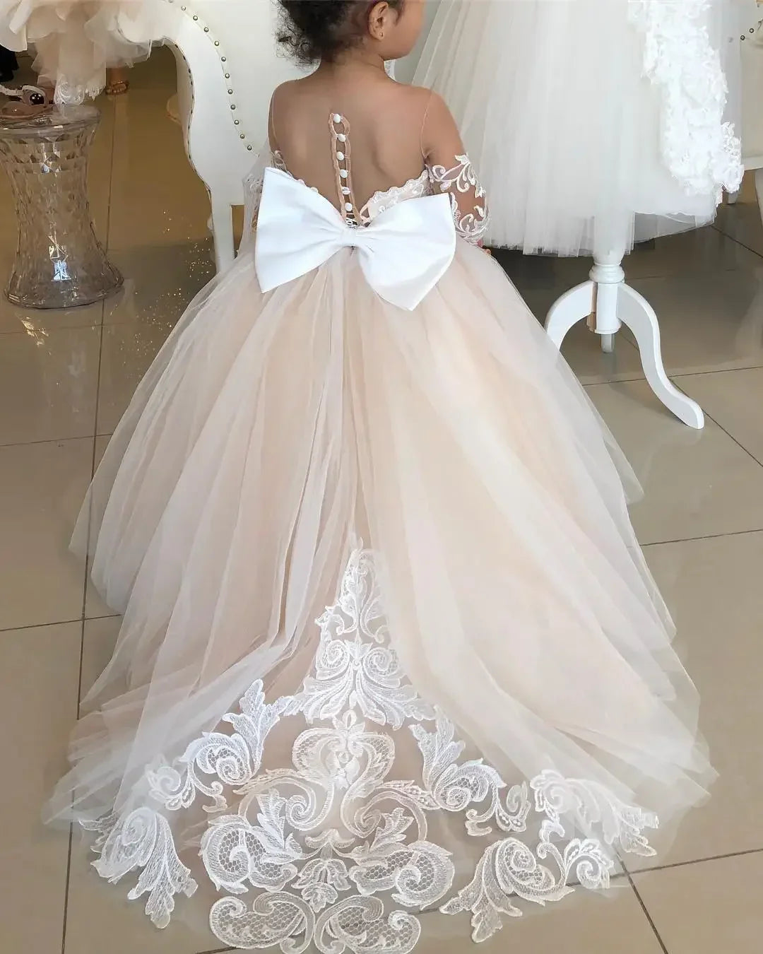 1-13 Years Lace Tulle Flower Girl Dress Up Buttons Bows Children's First Communion Ball Gown Wedding Party Bridesmaid Dress Kids