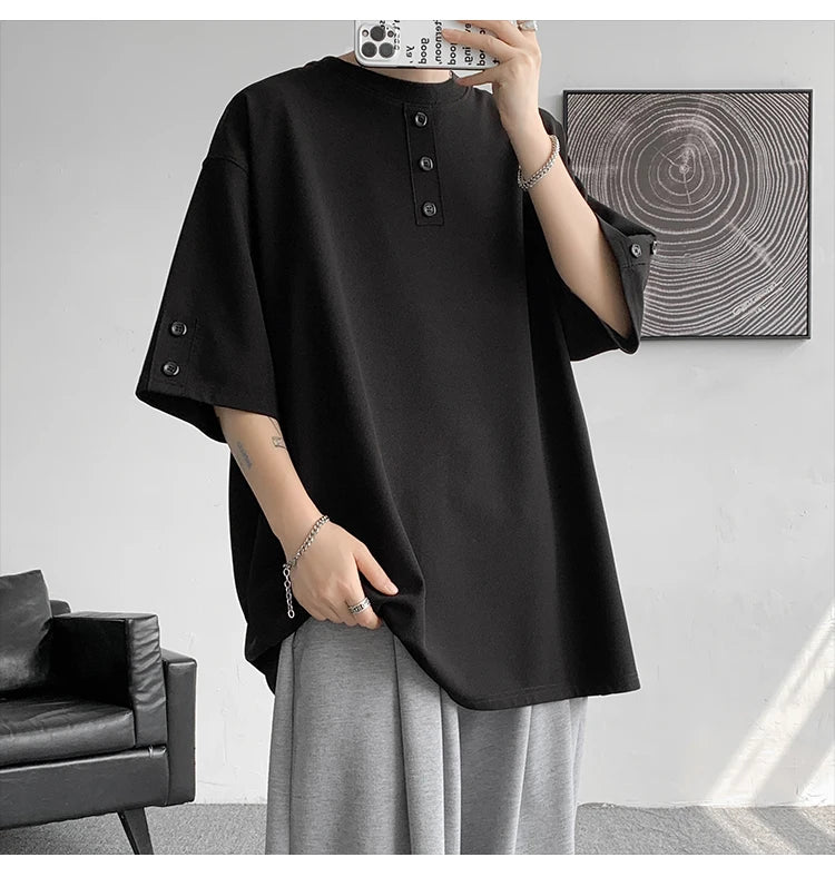 T shirt Men Summer Buttons Decor Hip Hop Streetwear Fashion T-Shirts Oversized Top Tees Mens Casual O-Neck Half Sleeve T Shirt