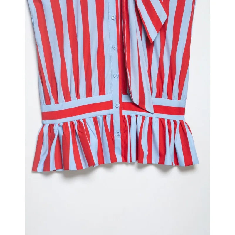 Women's Striped Shirt with Bow New 2026 Spring Fashion Button Sleeveless Pleated Neck Women Tops Simple Lady Shirts & Blouses