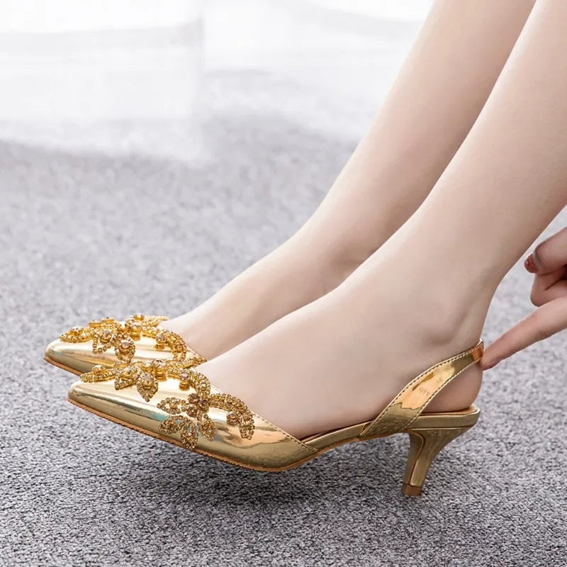 XIHAHA Woman High Heels Pointed Artificial Diamond Metal Buckle Party Women's Shoes Pu Leather Girls Banquet Dance Shoes Sandals