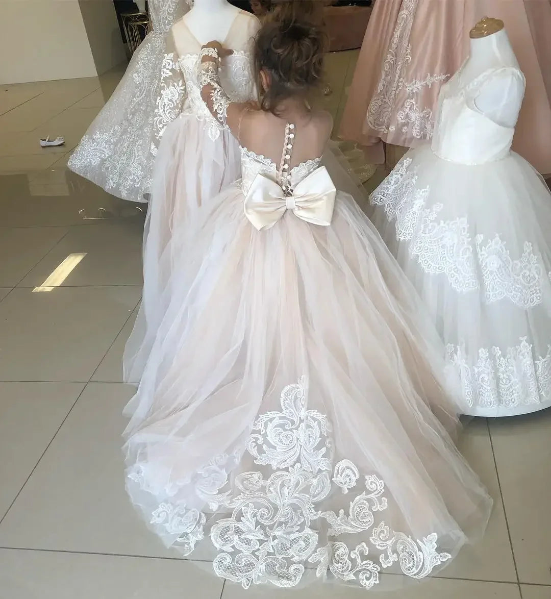 1-13 Years Lace Tulle Flower Girl Dress Up Buttons Bows Children's First Communion Ball Gown Wedding Party Bridesmaid Dress Kids