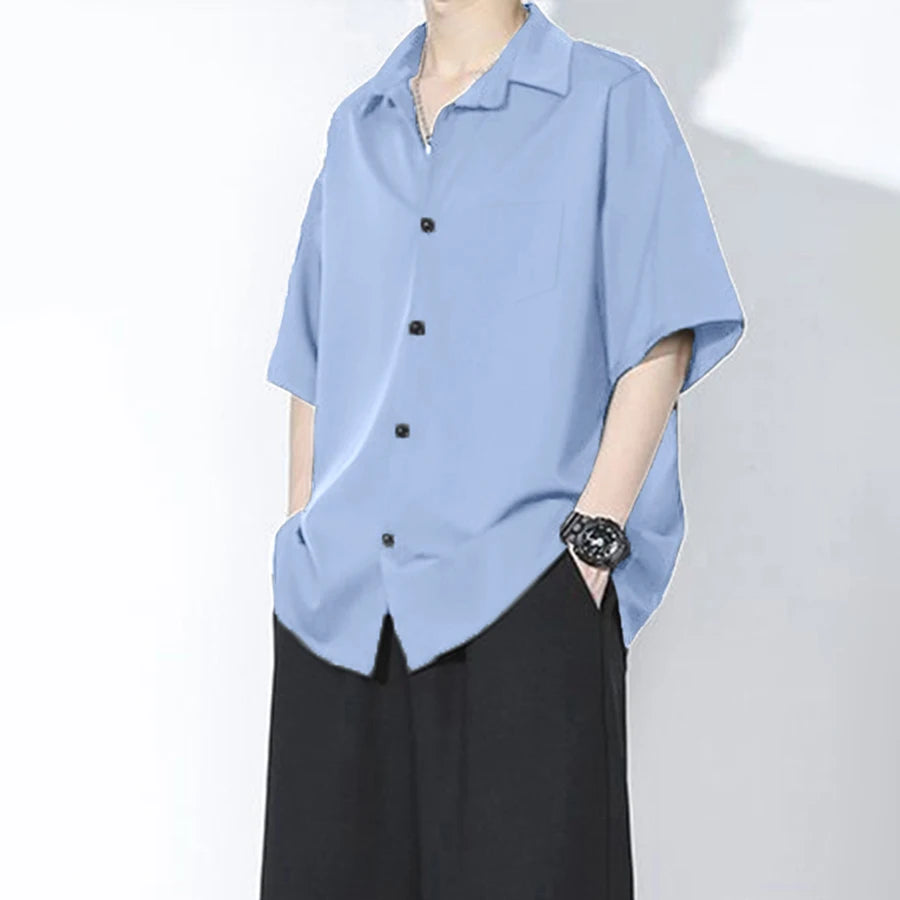 Shirt Men's Summer Ice Silk Short-Sleeved Drapey High-End Loose Casual Solid Color Shirt for Men