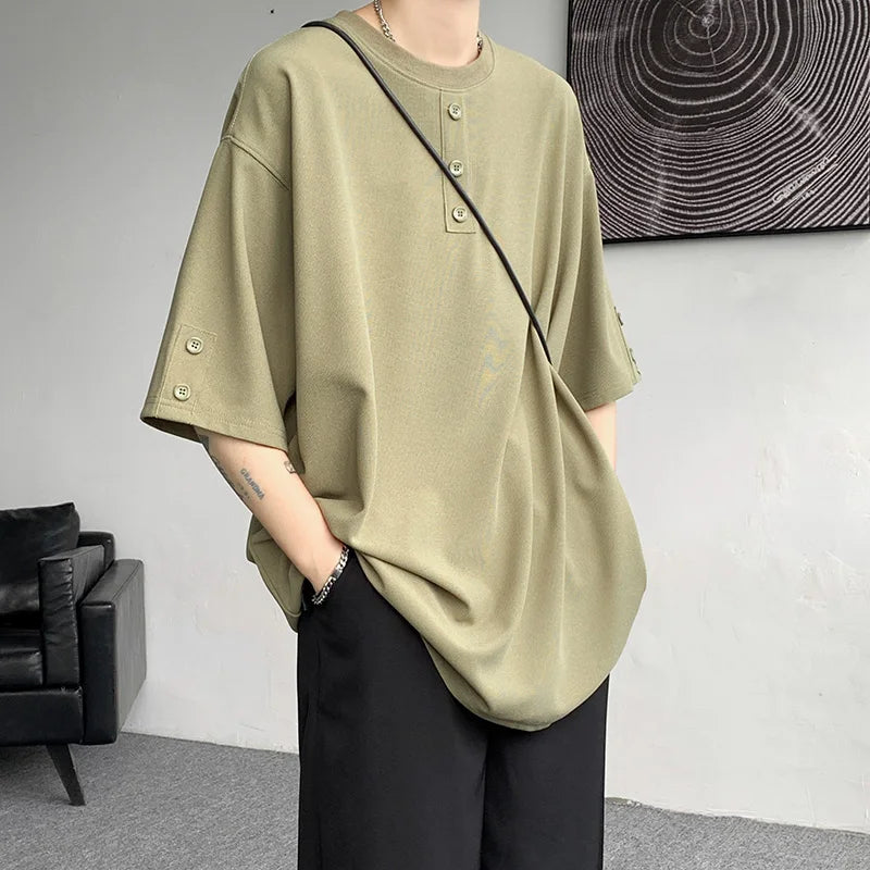 T shirt Men Summer Buttons Decor Hip Hop Streetwear Fashion T-Shirts Oversized Top Tees Mens Casual O-Neck Half Sleeve T Shirt