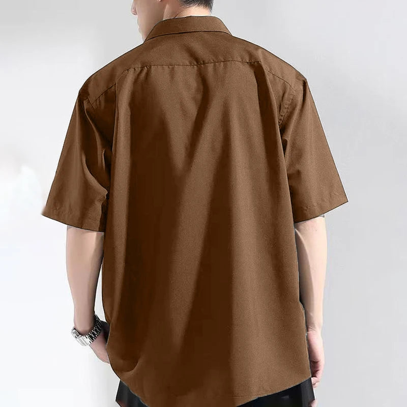 Shirt Men's Summer Ice Silk Short-Sleeved Drapey High-End Loose Casual Solid Color Shirt for Men