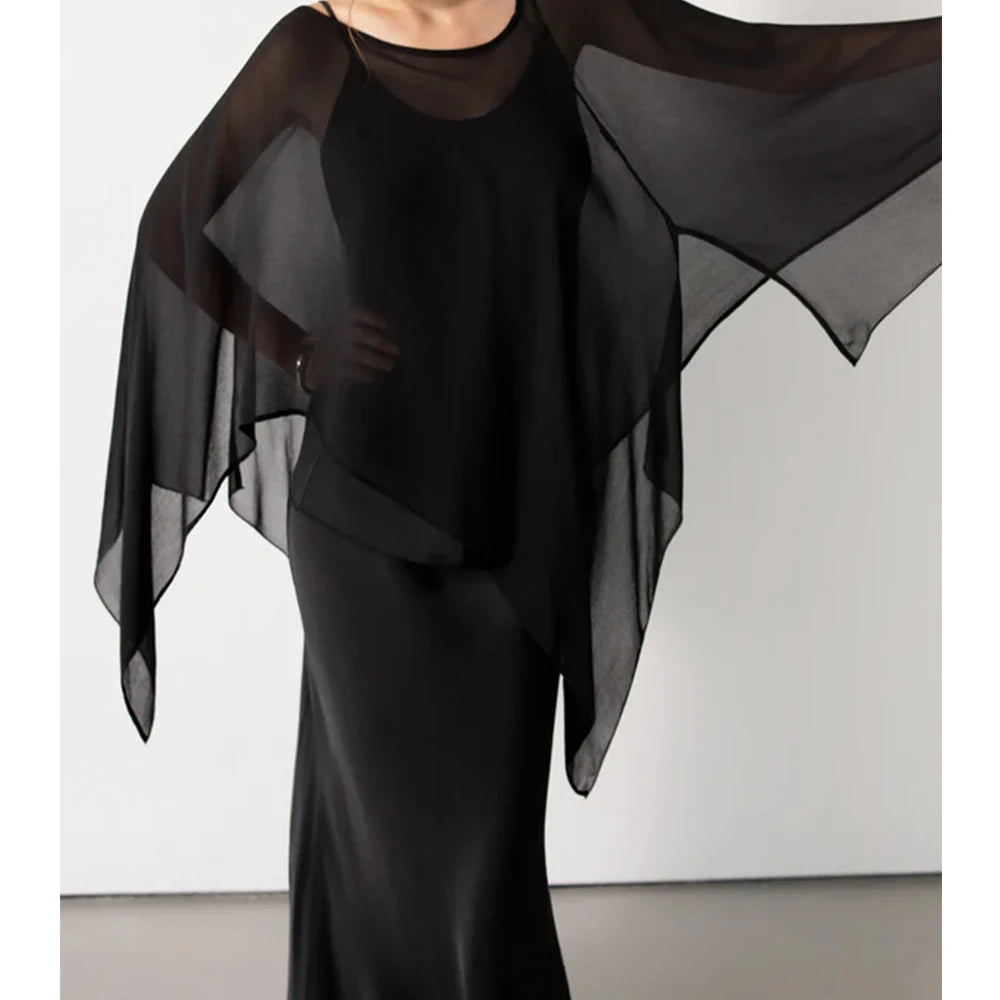 Women Summer Solid Off Shoulder Chiffon Sheer Poncho Tops Y2k Aesthetic Vintage Smocked Beach Vacation Going Out Pullovers Tops