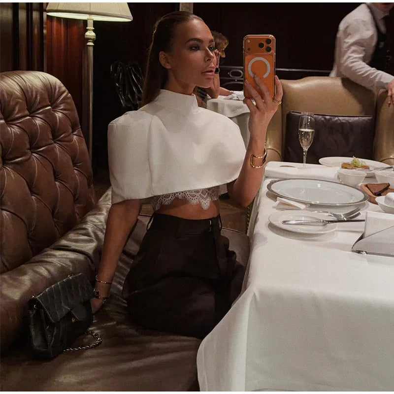 Elegant Cropped Shawl Tops Women's Short Sleeves Stand Collar Coat With Shoulder Pad 2026 New Ladies Spring Summer Solid Outwear