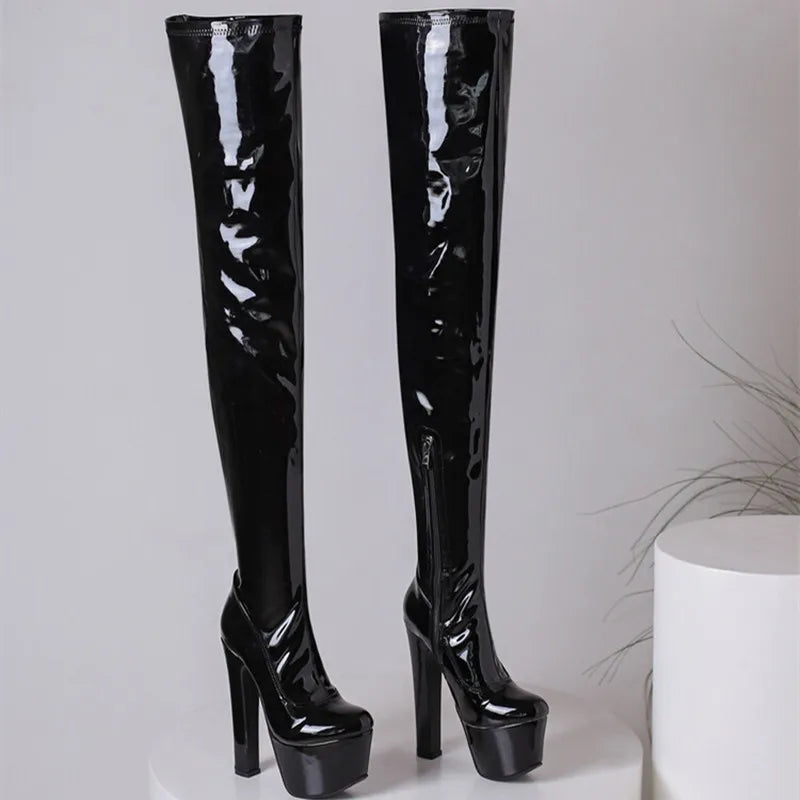 Solid Color Over-the-knee Boots For Women Side Zipper Roud Toe Stiletto Platform Stripper Shoes Patent Leather Matt Designer New