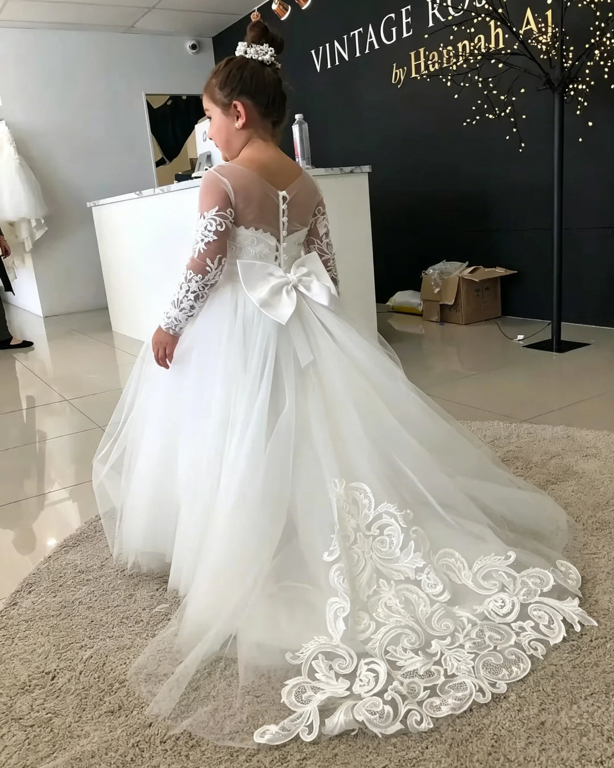 1-13 Years Lace Tulle Flower Girl Dress Up Buttons Bows Children's First Communion Ball Gown Wedding Party Bridesmaid Dress Kids