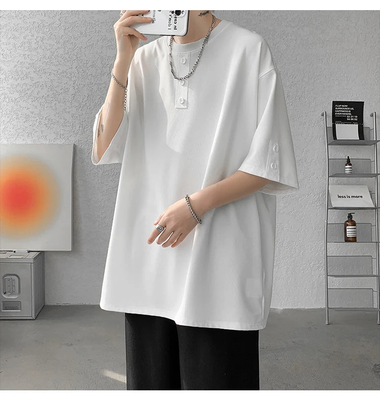 T shirt Men Summer Buttons Decor Hip Hop Streetwear Fashion T-Shirts Oversized Top Tees Mens Casual O-Neck Half Sleeve T Shirt
