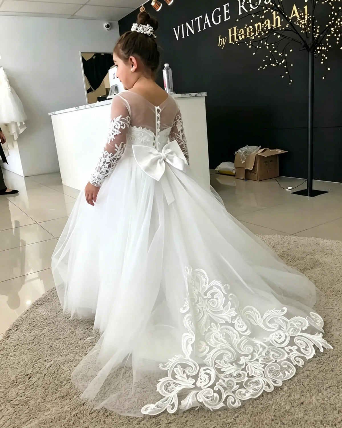 1-13 Years Lace Tulle Flower Girl Dress Up Buttons Bows Children's First Communion Ball Gown Wedding Party Bridesmaid Dress Kids