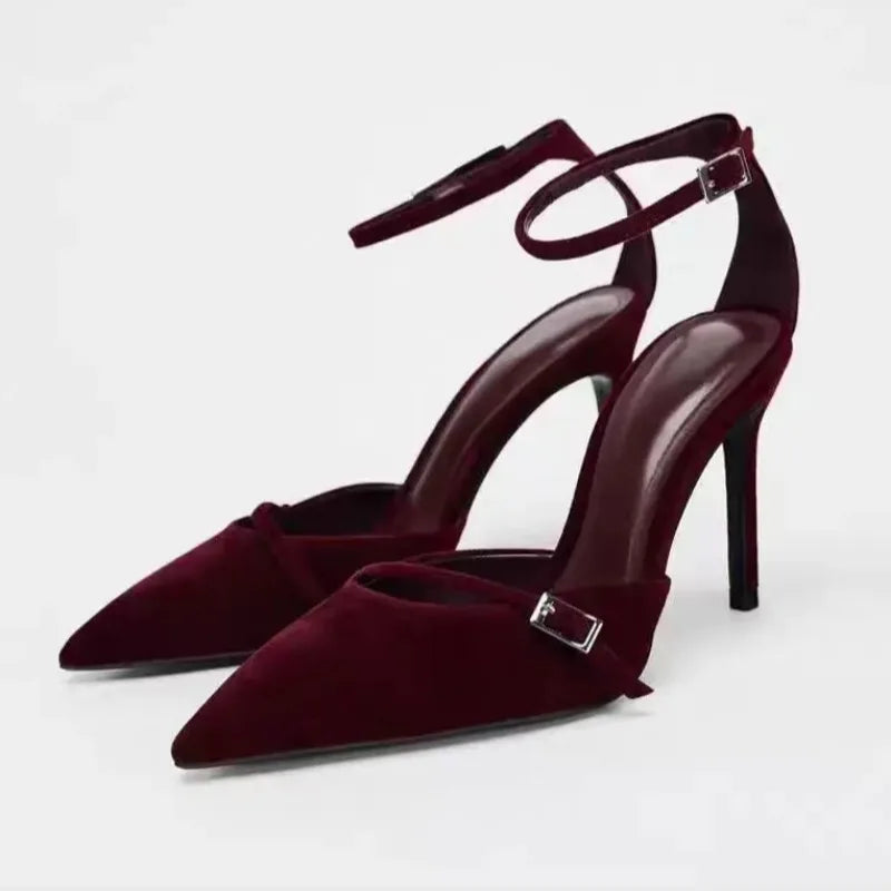 Retro Dark Red Evening Party Women High Heels Shoes Sexy Ankle Strap Luxury Designer sandals Pointed Toe Ladies Wedding Pumps