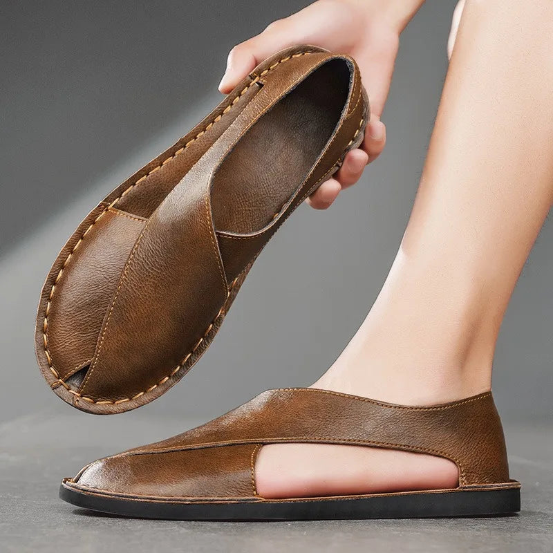 Sandals Men Summer Genuine Leather Mens Shoes Youth Beach Shoes Lightweight Breathable Slippers Men's Sandal Low Top Mens Shoes