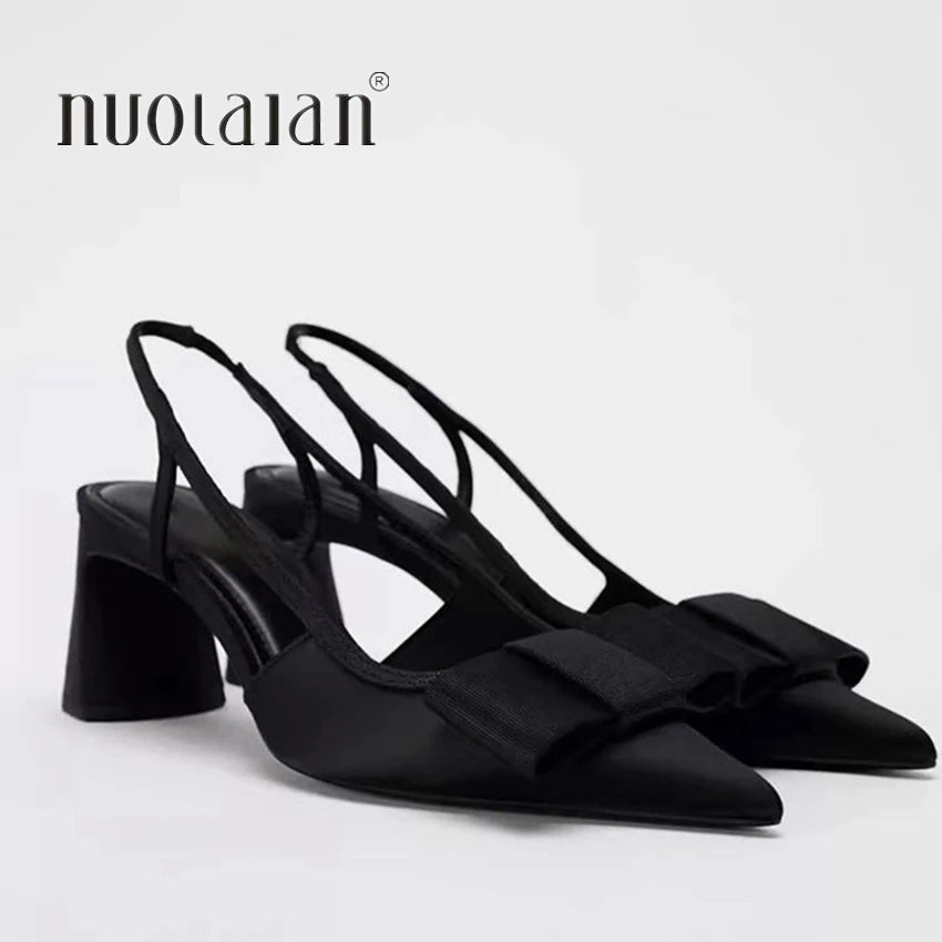 Pointed Toe Women's Office Shoes 2025 Summer Black Retro Bow Decoration High Heels Shallow Slingbacks Elegant Ladies Pumps