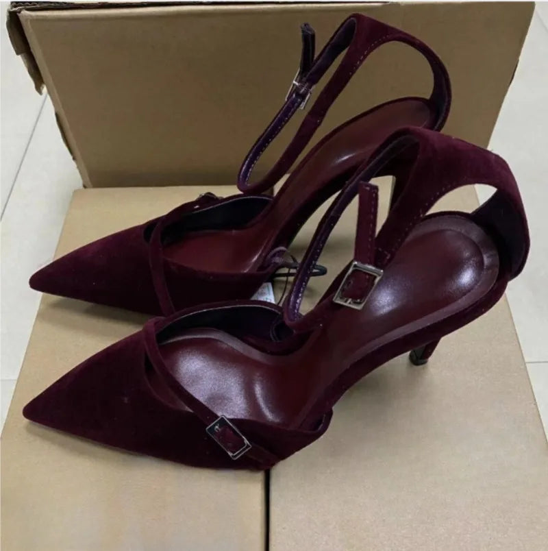 Retro Dark Red Evening Party Women High Heels Shoes Sexy Ankle Strap Luxury Designer sandals Pointed Toe Ladies Wedding Pumps