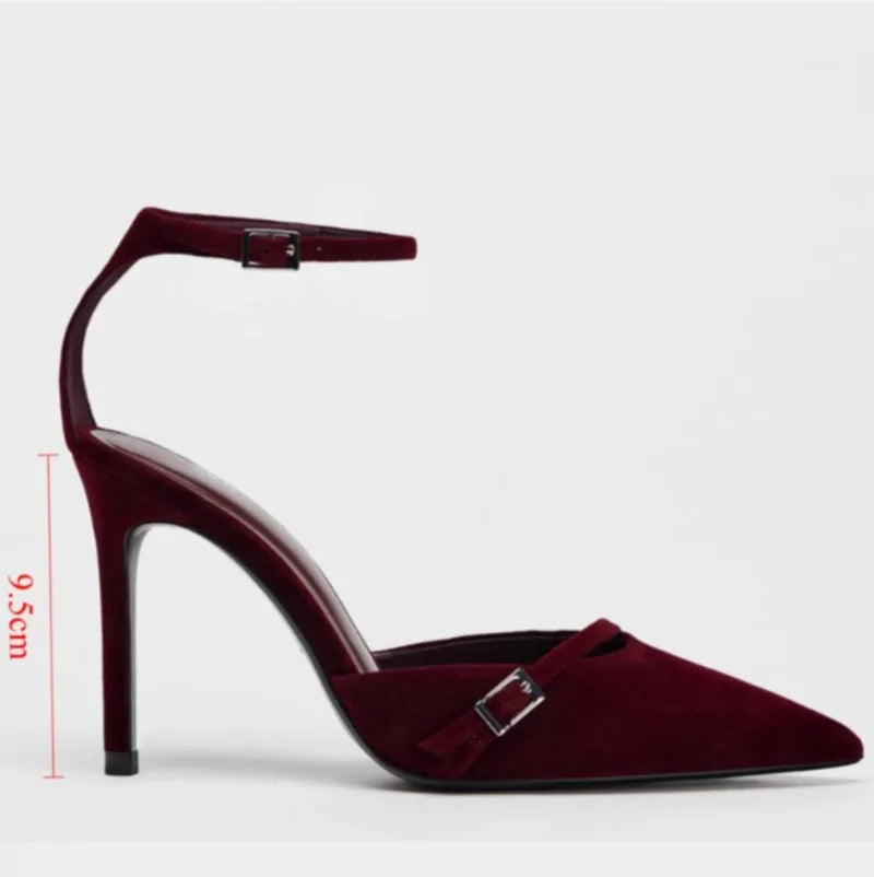 Retro Dark Red Evening Party Women High Heels Shoes Sexy Ankle Strap Luxury Designer sandals Pointed Toe Ladies Wedding Pumps