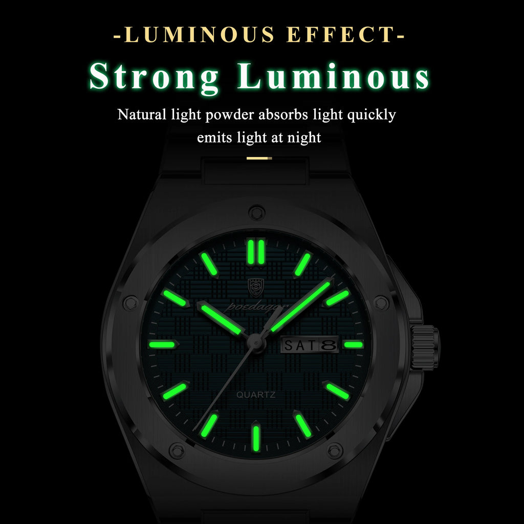 POEDAGAR Original Men Clock Quartz Date Week Luxury Man Wristwatch Waterproof Luminous Stainless Steel Sport Men's Watches Reloj