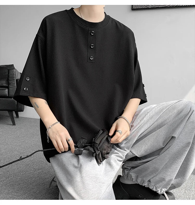 T shirt Men Summer Buttons Decor Hip Hop Streetwear Fashion T-Shirts Oversized Top Tees Mens Casual O-Neck Half Sleeve T Shirt