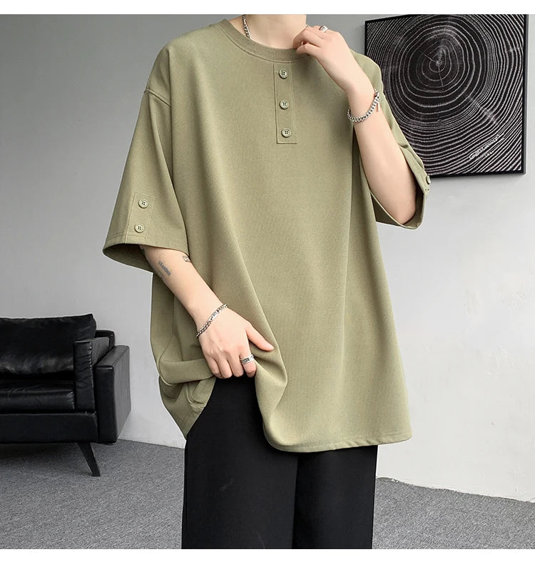T shirt Men Summer Buttons Decor Hip Hop Streetwear Fashion T-Shirts Oversized Top Tees Mens Casual O-Neck Half Sleeve T Shirt
